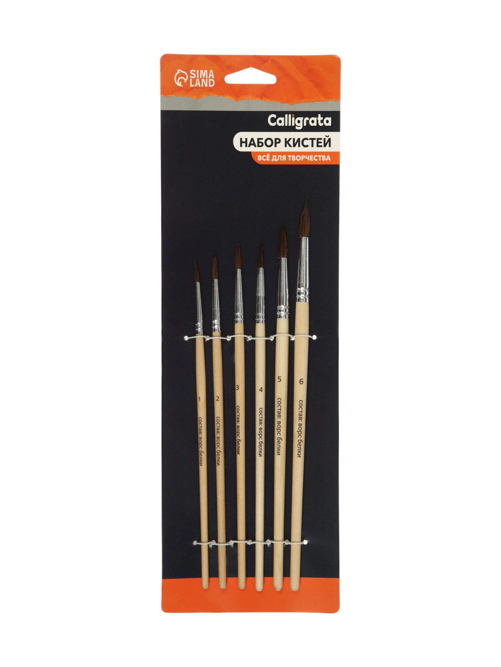 Кисти для рисования белка, 6 шт: № 1, 2, 3, 4, 5, 6, Calligrata, круглые, дерево