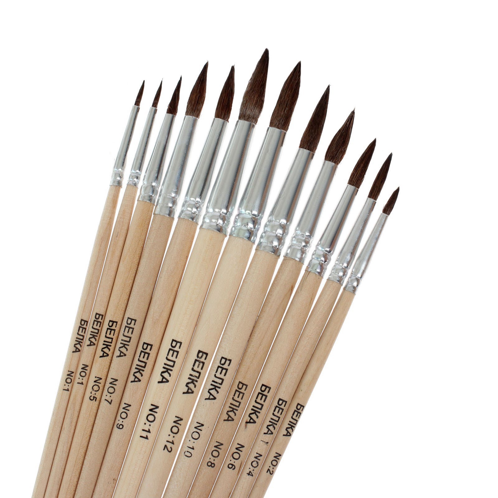 Кисти для рисования белка, 12 шт: №1, 2, 3, 4, 5, 6, 7, 8, 9, 10, 11, 12, Calligrata круглые, дерево