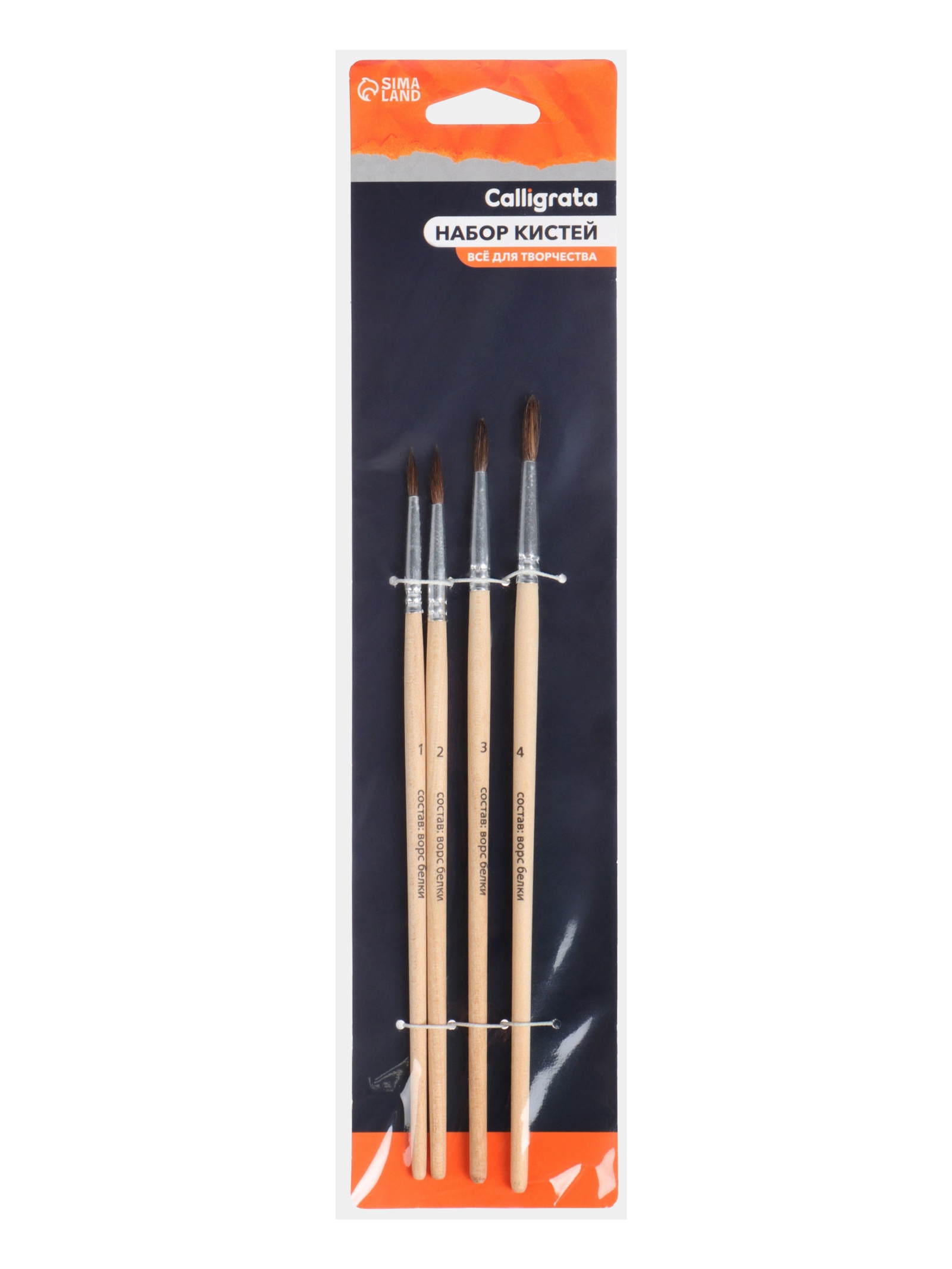 Кисти для рисования белка, 4 шт: № 1, 2, 3, 4, Calligrata круглые, дерево