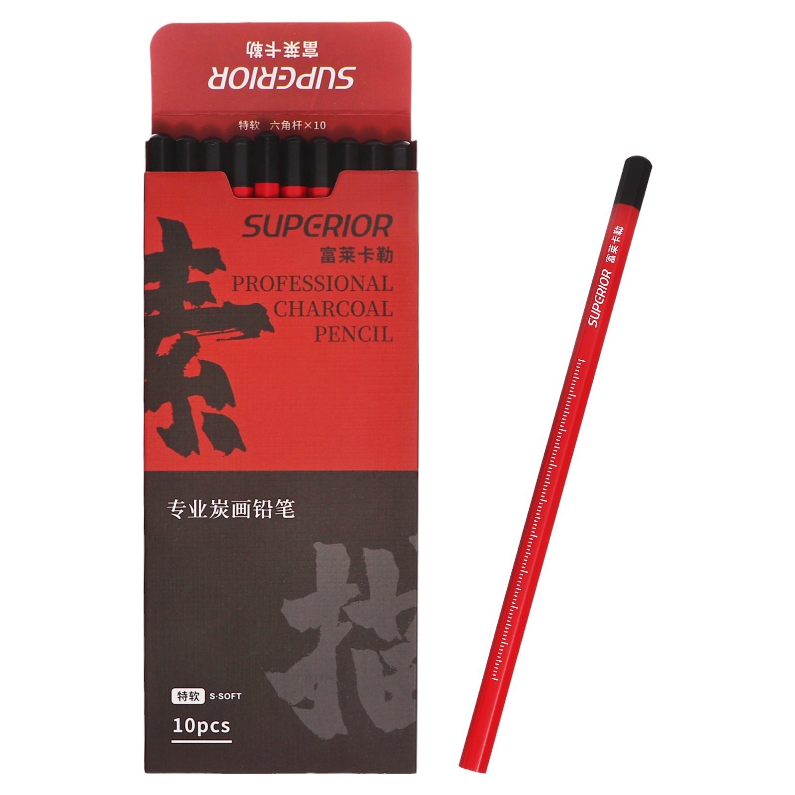 Карандаш угольный чёрный soft, корпус красный, 1677 Ningbo Superior