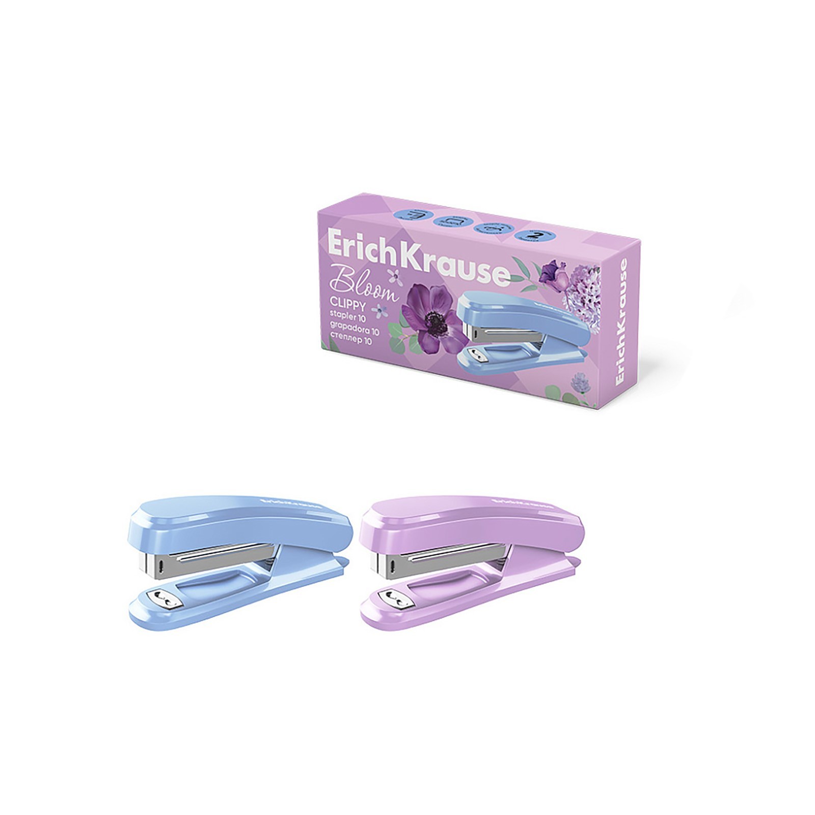 Степлер ErichKrause Clippy Pastel Bloom № 10 до 15 листов, встроенный антистеплер, микс